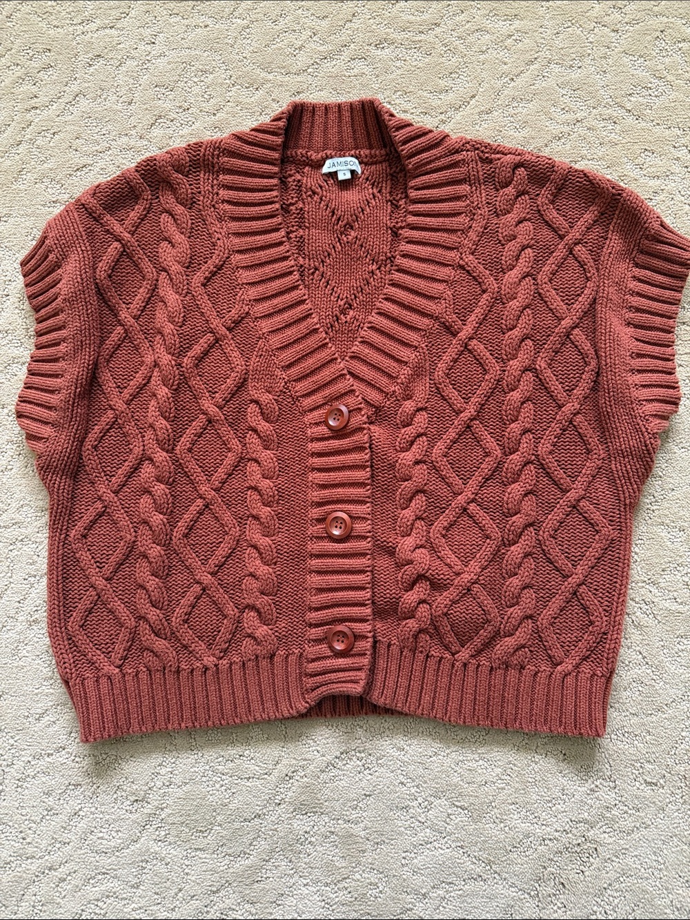 Rust Cable-Knit Short-Sleeve Cardigan Vest